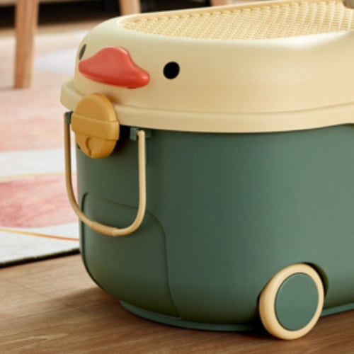 Large toy storage box with lid outlet